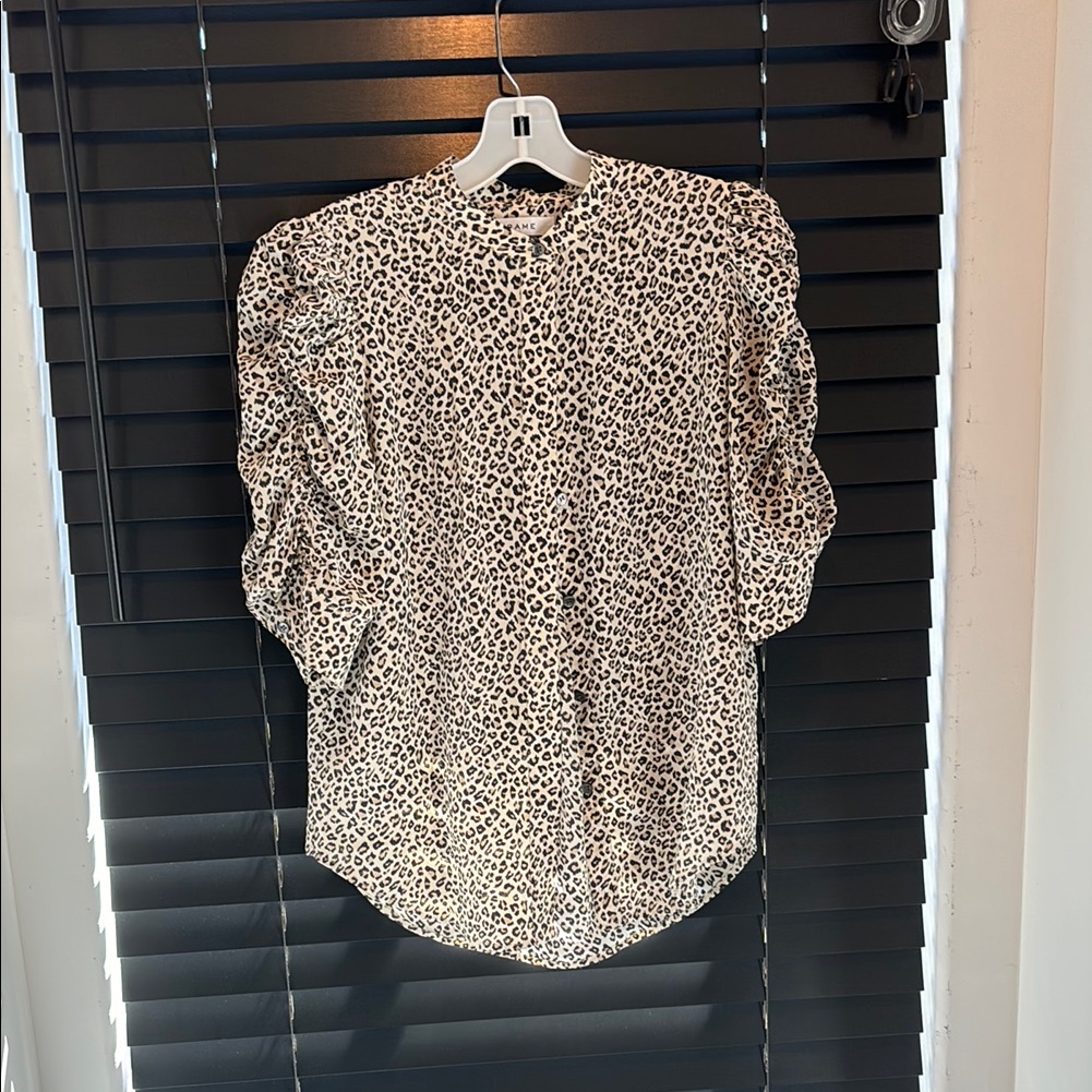 Frame Denim Brown And Black Boxy Blouse With Mandarin Collar